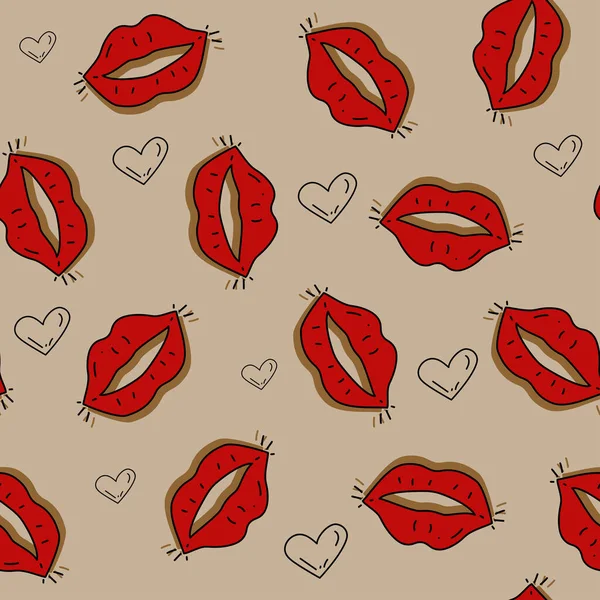 Vector Cute Seamless Love Pattern Hand Drawn Contours Hearts Red — Stockvector