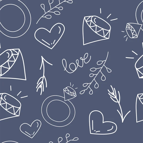 Vector Seamless Love Pattern Hand Drawn Wedding Ring Branch Diamond — Stock Vector