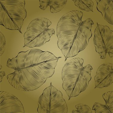 Vektör çizimi. Kusursuz desen. Altın bir arka planda lüks siyah çiçek izi. Çiçek deseni, altın fildişi yaprağı, çizgili menekşeler..