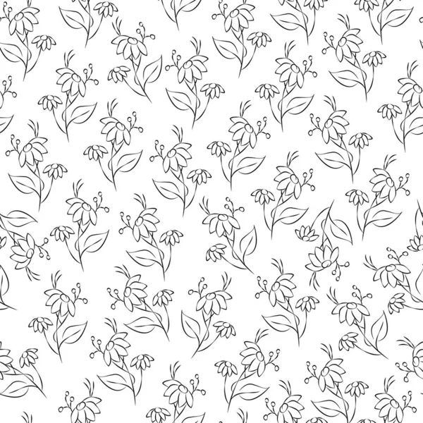 Vektor Schwarz Weiß Illustration Florales Nahtloses Muster Strauß Wilder Blumen — Stockvektor