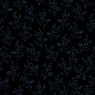 Vektör mavi çizim. Çiçeksiz desen. Bir buket yabani çiçek. El yapımı çiçek tarlası. Basit çiçekler. Papatya çayının çiçekli başları. Özet çizimi.