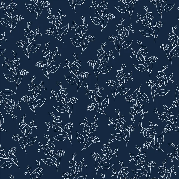 Vektör mavi çizim. Çiçeksiz desen. Bir buket yabani çiçek. El yapımı çiçek tarlası. Basit çiçekler. Papatya çayının çiçekli başları. Özet çizimi.