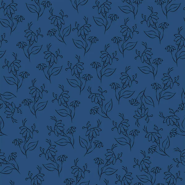 Vektör mavi çizim. Çiçeksiz desen. Bir buket yabani çiçek. El yapımı çiçek tarlası. Basit çiçekler. Papatya çayının çiçekli başları. Özet çizimi.