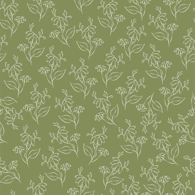 Vektör yeşil çizim. Çiçeksiz desen. Bir buket yabani çiçek. El yapımı çiçek tarlası. Basit çiçekler. Papatya çayının çiçekli başları. Özet çizimi.