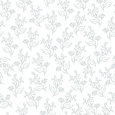 Vektör yeşil gri çizim. Çiçeksiz desen. Bir buket yabani çiçek. El yapımı çiçek tarlası. Basit çiçekler. Papatya çayının çiçekli başları. Özet çizimi.