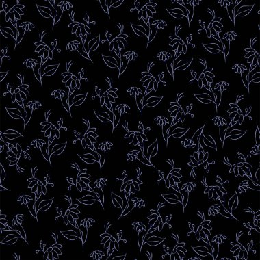 Vektör. Kusursuz desenli çiçekli lavanta arkaplan. Bir çiçek çizimi. Bir buket yabani çiçek. El yapımı çiçek tarlası. Basit çiçekler. Papatya çayının çiçekli başları. Özet çizimi.