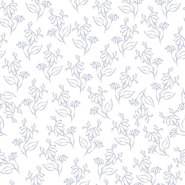 Vektör. Kusursuz desenli çiçekli lavanta arkaplan. Bir çiçek çizimi. Bir buket yabani çiçek. El yapımı çiçek tarlası. Basit çiçekler. Papatya çayının çiçekli başları. Özet çizimi.