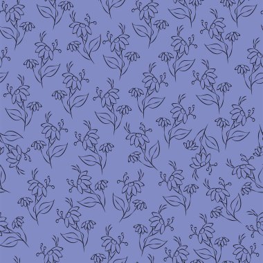 Vektör. Kusursuz desenli çiçekli lavanta arkaplan. Bir çiçek çizimi. Bir buket yabani çiçek. El yapımı çiçek tarlası. Basit çiçekler. Papatya çayının çiçekli başları. Özet çizimi.