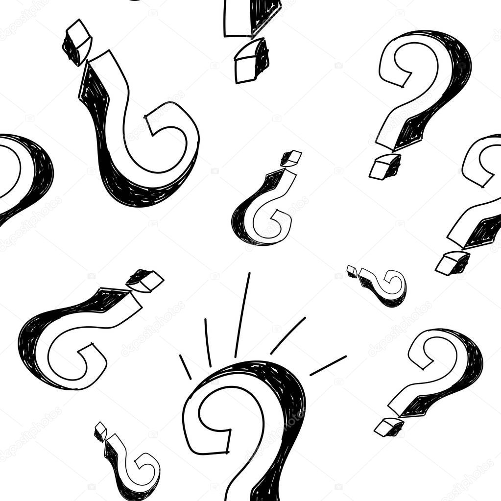 Vector illustration. 3d question mark seamless pattern. Seamless vector pattern with hand-drawn question marks. Monochrome hipster background. Hand drawn black punctuation marks.