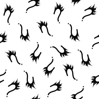 Vektör çizimi. Soru işaretleri kusursuz desen. Elle çizilmiş soru işaretli kusursuz vektör deseni. Monokrom hippi geçmişi. El çizilmiş siyah noktalama işaretleri.