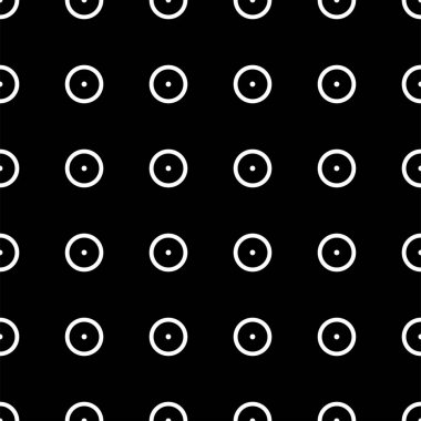 Vektör çizimi. Geometrik dikişsiz desen. Katı noktalar ve eşkenar dörtgen şeklinde daireler. Siyah beyaz bir zemin. Basit siyah ve beyaz soyut desen.