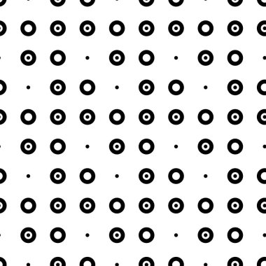 Vektör çizimi. Geometrik dikişsiz desen. Katı noktalar ve eşkenar dörtgen şeklinde daireler. Siyah beyaz bir zemin. Basit siyah ve beyaz soyut desen.