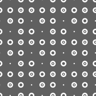 Vektör çizimi. Geometrik dikişsiz desen. Katı noktalar ve eşkenar dörtgen şeklinde daireler. Benekli gri ve beyaz arka plan. Basit siyah ve beyaz soyut desen.