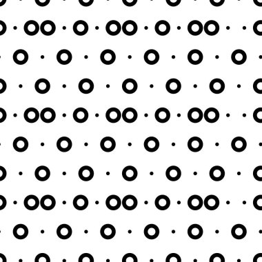 Vektör çizimi. Geometrik dikişsiz desen. Katı noktalar ve eşkenar dörtgen şeklinde daireler. Benekli tek renkli arka plan. Basit siyah ve beyaz soyut desen.