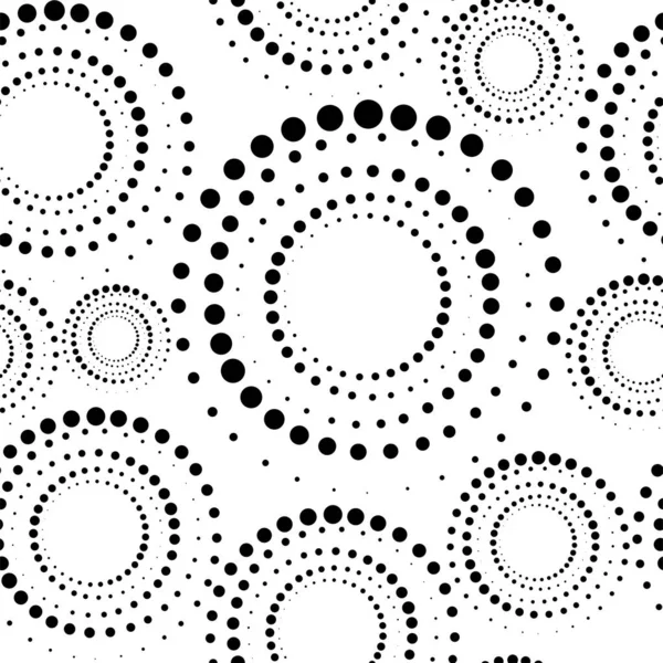 Vektör. Kusursuz geometrik desen. Yarım tonlu tek renkli noktalar daire şeklinde. Yuvarlak delikli dinamik arka plan. Kalıp, noktalı çerçeve, web afişi, kapak, sosyal medya sıçrama ekranı, duvar kağıdı.