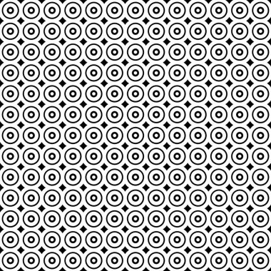 Vektör çizimi. Geometrik dikişsiz desen. Katı noktalar ve eşkenar dörtgen şeklinde daireler. Siyah beyaz bir zemin. Basit siyah ve beyaz soyut desen.