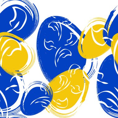 Vektör. Paskalya tasarımı, el fırçası darbeleri, sarı ve mavi yumurtalar. Modern minimalist tarzda. Kusursuz desen, bir kartpostal, afiş, broşür, poster ve diğer promosyon ürünleri için arka plan