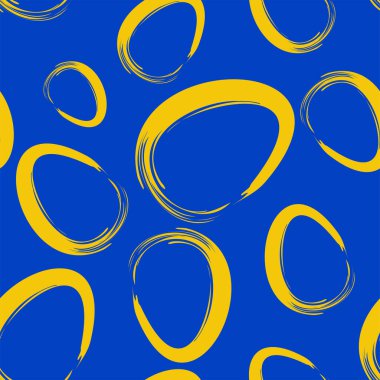 Vektör. Elle çizilmiş fırça darbeleriyle Paskalya tasarımı sarı-mavi yumurtalar. Modern minimalist tarzda. Kusursuz desen, bir kartpostal, afiş, broşür, poster ve diğer promosyon ürünleri için arka plan.
