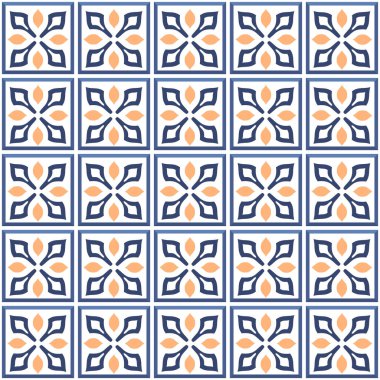 Vektör. Kusursuz Akdeniz geometrik halk modeli. Talavera şablonu. Portekizce azulejo. Basit duvar seramik fayansları. Fas mozaiği. İspanyol porseleni. Banyo, mutfak ve havuz için fayanslar..