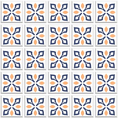 Vektör. Kusursuz Akdeniz geometrik halk modeli. Talavera şablonu. Portekizce azulejo. Basit duvar seramik fayansları. Fas mozaiği. İspanyol porseleni. Banyo, mutfak ve havuz için fayanslar..