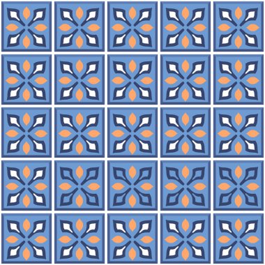 Vektör. Kusursuz Akdeniz geometrik halk modeli. Talavera şablonu. Portekizce azulejo. Basit duvar seramik fayansları. Fas mozaiği. İspanyol porseleni. Banyo, mutfak ve havuz için fayanslar..