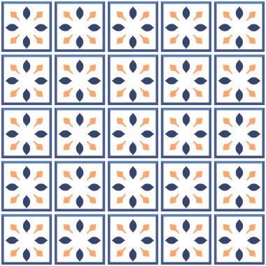 Vektör. Kusursuz Akdeniz geometrik halk modeli. Talavera şablonu. Portekizce azulejo. Basit duvar seramik fayansları. Fas mozaiği. İspanyol porseleni. Banyo, mutfak ve havuz için fayanslar..