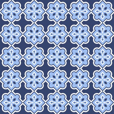 Vektör. Yama işi tarzında kusursuz Akdeniz geometrik deseni. Talavera şablonu. Portekiz Azulejo 'su. Türk dekorasyonu. Fas mozaiği. İspanyol porseleni. Seramik yemekler, folklor süsü. Mavi.