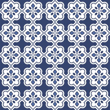 Vektör. Yama işi tarzında kusursuz Akdeniz geometrik deseni. Talavera şablonu. Portekiz Azulejo 'su. Türk dekorasyonu. Fas mozaiği. İspanyol porseleni. Seramik yemekler, folklor süsü. Mavi.