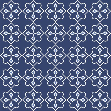 Vektör. Yama işi tarzında kusursuz Akdeniz geometrik deseni. Talavera şablonu. Portekiz Azulejo 'su. Türk dekorasyonu. Fas mozaiği. İspanyol porseleni. Seramik yemekler, folklor süsü. Mavi.
