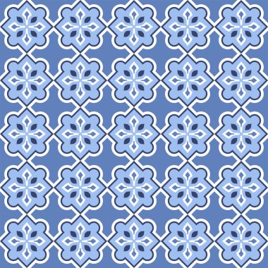 Vektör. Yama işi tarzında kusursuz Akdeniz geometrik deseni. Talavera şablonu. Portekiz Azulejo 'su. Türk dekorasyonu. Fas mozaiği. İspanyol porseleni. Seramik yemekler, folklor süsü. Mavi.
