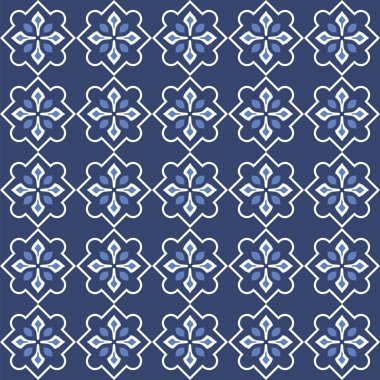 Vektör. Yama işi tarzında kusursuz Akdeniz geometrik deseni. Talavera şablonu. Portekiz Azulejo 'su. Türk dekorasyonu. Fas mozaiği. İspanyol porseleni. Seramik yemekler, folklor süsü. Mavi.