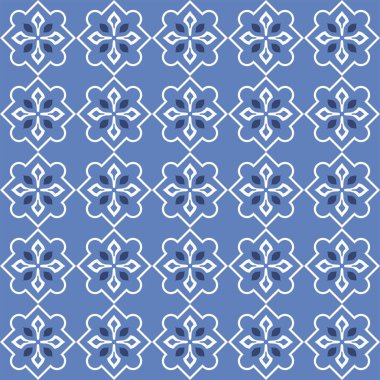 Vektör. Yama işi tarzında kusursuz Akdeniz geometrik deseni. Talavera şablonu. Portekiz Azulejo 'su. Türk dekorasyonu. Fas mozaiği. İspanyol porseleni. Seramik yemekler, folklor süsü. Mavi.