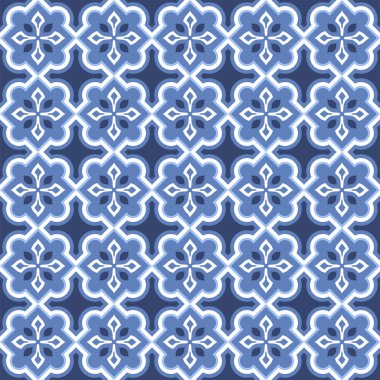 Vektör. Yama işi tarzında kusursuz Akdeniz geometrik deseni. Talavera şablonu. Portekiz Azulejo 'su. Türk dekorasyonu. Fas mozaiği. İspanyol porseleni. Seramik yemekler, folklor süsü. Mavi.