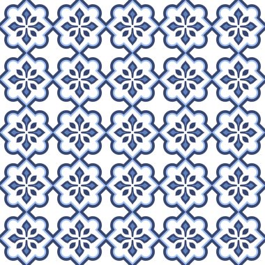 Vektör. Yama işi tarzında kusursuz Akdeniz geometrik deseni. Talavera şablonu. Portekiz Azulejo 'su. Türk dekorasyonu. Fas mozaiği. İspanyol porseleni. Seramik yemekler, folklor süsü. Mavi.