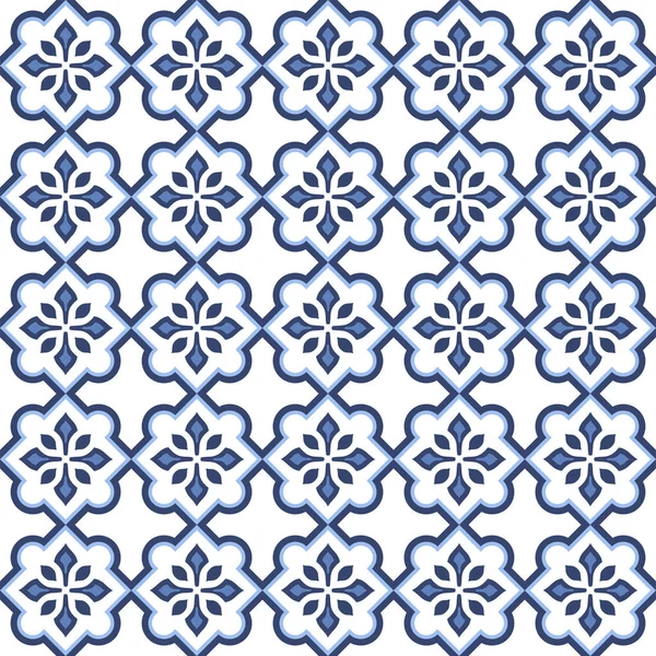 Vektör. Yama işi tarzında kusursuz Akdeniz geometrik deseni. Talavera şablonu. Portekiz Azulejo 'su. Türk dekorasyonu. Fas mozaiği. İspanyol porseleni. Seramik yemekler, folklor süsü. Mavi.