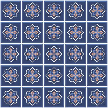 Vektör. Kusursuz Akdeniz geometrik halk modeli. Talavera şablonu. Portekizce azulejo. Basit duvar seramik fayansları. Fas mozaiği. İspanyol porseleni. Banyo, mutfak ve havuz için fayanslar..