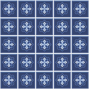 Vektör. Kusursuz Akdeniz geometrik halk modeli. Talavera şablonu. Portekizce azulejo. Basit duvar seramik fayansları. Fas mozaiği. İspanyol porseleni. Banyo, mutfak ve havuz için fayanslar..