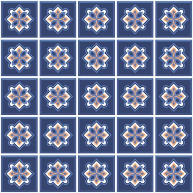 Vektör. Kusursuz Akdeniz geometrik halk modeli. Talavera şablonu. Portekizce azulejo. Basit duvar seramik fayansları. Fas mozaiği. İspanyol porseleni. Banyo, mutfak ve havuz için fayanslar..