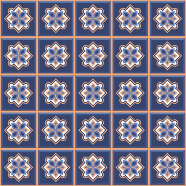 Vektör. Kusursuz Akdeniz geometrik halk modeli. Talavera şablonu. Portekizce azulejo. Basit duvar seramik fayansları. Fas mozaiği. İspanyol porseleni. Banyo, mutfak ve havuz için fayanslar..