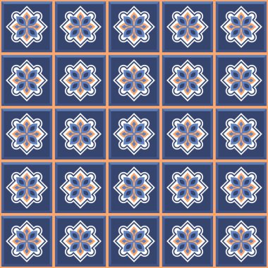 Vektör. Kusursuz Akdeniz geometrik halk modeli. Talavera şablonu. Portekizce azulejo. Basit duvar seramik fayansları. Fas mozaiği. İspanyol porseleni. Banyo, mutfak ve havuz için fayanslar..