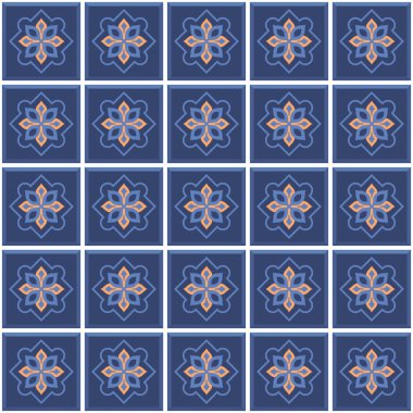 Vektör. Kusursuz Akdeniz geometrik halk modeli. Talavera şablonu. Portekizce azulejo. Basit duvar seramik fayansları. Fas mozaiği. İspanyol porseleni. Banyo, mutfak ve havuz için fayanslar..