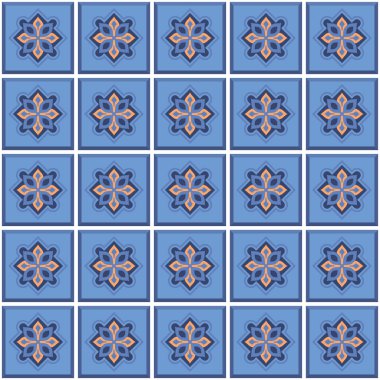 Vektör. Kusursuz Akdeniz geometrik halk modeli. Talavera şablonu. Portekizce azulejo. Basit duvar seramik fayansları. Fas mozaiği. İspanyol porseleni. Banyo, mutfak ve havuz için fayanslar..