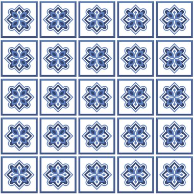 Vektör. Kusursuz Akdeniz geometrik halk modeli. Talavera şablonu. Portekizce azulejo. Basit duvar seramik fayansları. Fas mozaiği. İspanyol porseleni. Banyo, mutfak ve havuz için fayanslar..
