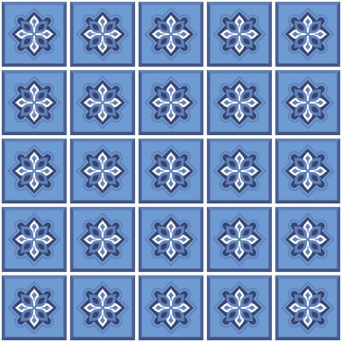 Vektör. Kusursuz Akdeniz geometrik halk modeli. Talavera şablonu. Portekizce azulejo. Basit duvar seramik fayansları. Fas mozaiği. İspanyol porseleni. Banyo, mutfak ve havuz için fayanslar..