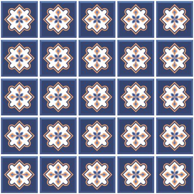 Vektör. Kusursuz Akdeniz geometrik halk modeli. Talavera şablonu. Portekizce azulejo. Basit duvar seramik fayansları. Fas mozaiği. İspanyol porseleni. Banyo, mutfak ve havuz için fayanslar..