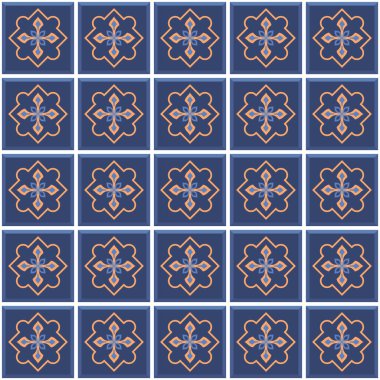 Vektör. Kusursuz Akdeniz geometrik halk modeli. Talavera şablonu. Portekizce azulejo. Basit duvar seramik fayansları. Fas mozaiği. İspanyol porseleni. Banyo, mutfak ve havuz için fayanslar..