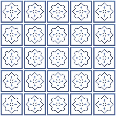 Vektör. Kusursuz Akdeniz geometrik halk modeli. Talavera şablonu. Portekizce azulejo. Basit duvar seramik fayansları. Fas mozaiği. İspanyol porseleni. Banyo, mutfak ve havuz için fayanslar..