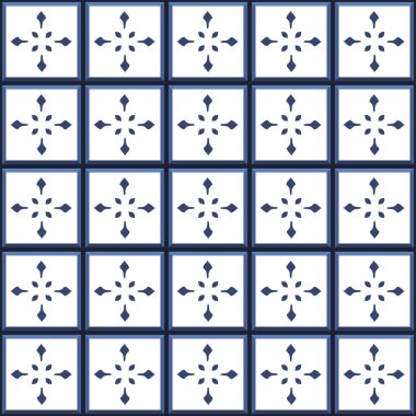 Vektör. Kusursuz Akdeniz geometrik halk modeli. Talavera şablonu. Portekizce azulejo. Basit duvar seramik fayansları. Fas mozaiği. İspanyol porseleni. Banyo, mutfak ve havuz için fayanslar..