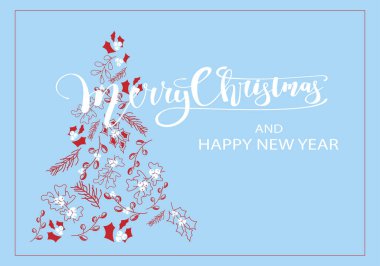 Vektör. Mutlu Noeller ve mutlu yıllar çiçekli özgeçmiş, metin tasarımı. Noel kartı, parti davetiyesi ve diğer promosyon ürünleri için kırsal bir şablon. Elle çizilmiş çizim.