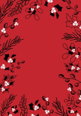 Vektör. Mutlu Noeller ve mutlu yeni yıl çiçekleri, metin için fotokopi alanı. Noel kartları için kırsal çerçeve şablonu, düğün davetiyeleri, parti davetiyeleri. Elle çizilmiş çizim.